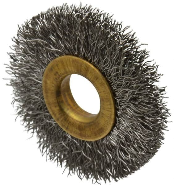 Value Collection - 1-1/2" OD, 3/8" Arbor Hole, Crimped Stainless Steel Wheel Brush - 1/4" Face Width, 3/8" Trim Length, 0.007" Filament Diam, 20,000 RPM - Caliber Tooling