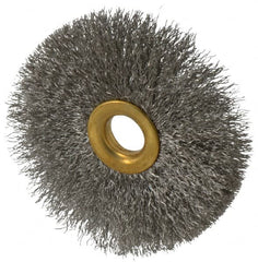 Value Collection - 3" OD, 1/2" Arbor Hole, Crimped Stainless Steel Wheel Brush - 3/8" Face Width, 1" Trim Length, 0.007" Filament Diam, 15,000 RPM - Caliber Tooling