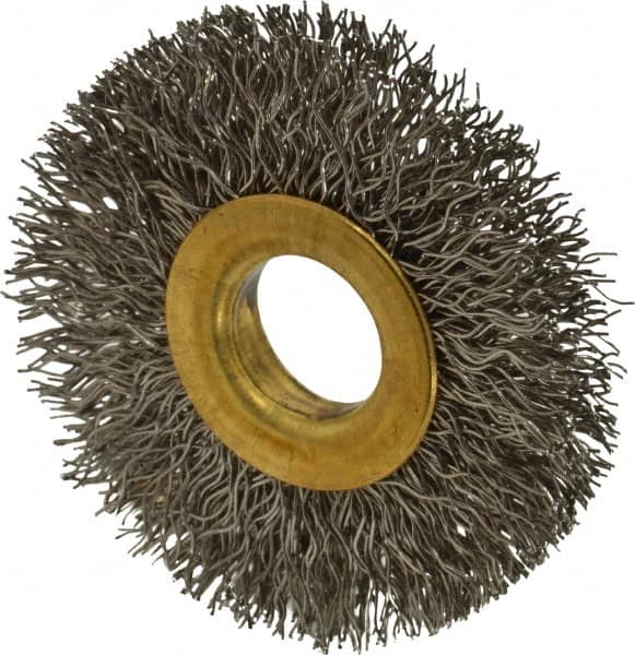 Value Collection - 2" OD, 1/2" Arbor Hole, Crimped Stainless Steel Wheel Brush - 5/16" Face Width, 1/2" Trim Length, 0.012" Filament Diam, 15,000 RPM - Caliber Tooling