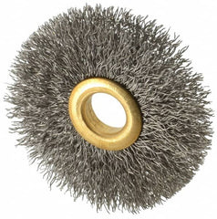 Value Collection - 2-1/2" OD, 1/2" Arbor Hole, Crimped Stainless Steel Wheel Brush - 3/8" Face Width, 3/4" Trim Length, 0.012" Filament Diam, 15,000 RPM - Caliber Tooling