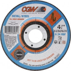 Camel Grinding Wheels - 24 Grit, 6" Wheel Diam, 1/8" Wheel Thickness, Type 27 Depressed Center Wheel - Coarse Grade, Aluminum Oxide, Resinoid Bond, 10,200 Max RPM - Caliber Tooling