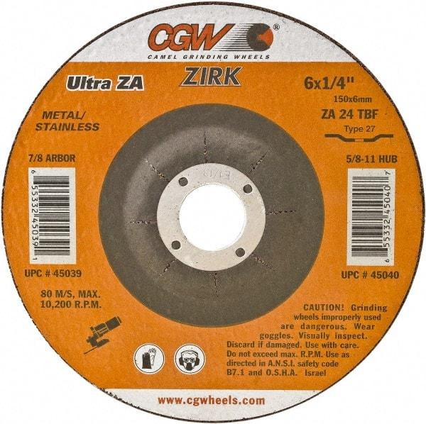 Camel Grinding Wheels - 24 Grit, 6" Wheel Diam, 1/4" Wheel Thickness, Type 27 Depressed Center Wheel - Coarse Grade, Zirconia Alumina, Resinoid Bond, 10,200 Max RPM - Caliber Tooling