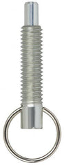 Vlier - 1/4-20, 0.8" Thread Length, 0.155" Plunger Diam, 1/4" Plunger Projection, 1 Lb Init to 2.5 Lb Final End Force, Stainless Steel Locking Pull Ring Plunger - 0.8" Len Under Head, 1.14" Body Len, 0.62" Ring Diam, 1.14" Plunger Len, 0.34" Head Height - Caliber Tooling