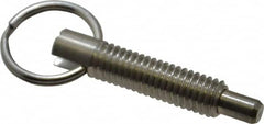 Vlier - 3/8-16, 1.2" Thread Length, 0.233" Plunger Diam, 3/8" Plunger Projection, 2 Lb Init to 4 Lb Final End Force, Stainless Steel Locking Pull Ring Plunger - 1.2" Len Under Head, 1.68" Body Len, 0.98" Ring Diam, 1.68" Plunger Len, 0.48" Head Height - Caliber Tooling