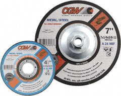 Camel Grinding Wheels - 24 Grit, 7" Wheel Diam, 1/4" Wheel Thickness, Type 27 Depressed Center Wheel - Coarse Grade, Aluminum Oxide, Resinoid Bond, 8,600 Max RPM - Caliber Tooling