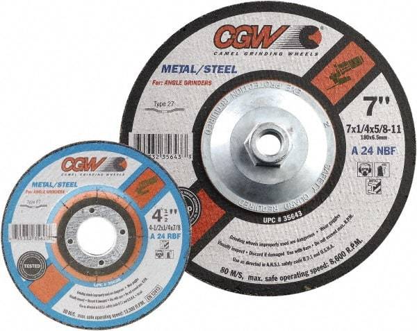 Camel Grinding Wheels - 24 Grit, 6" Wheel Diam, 1/4" Wheel Thickness, 7/8" Arbor Hole, Type 27 Depressed Center Wheel - Coarse Grade, Aluminum Oxide, Resinoid Bond, 10,200 Max RPM - Caliber Tooling