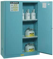 Justrite - 2 Door, 2 Shelf, Blue Steel Standard Safety Cabinet for Corrosive Chemicals - 65" High x 43" Wide x 18" Deep, Manual Closing Door, 3 Point Key Lock, 45 Gal Capacity - Caliber Tooling