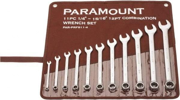 Paramount - 11 Piece, 1/4" to 15/16", Combination Wrench Set - Inch Measurement Standard, Satin Chrome Finish, Comes in Canvas Roll - Caliber Tooling