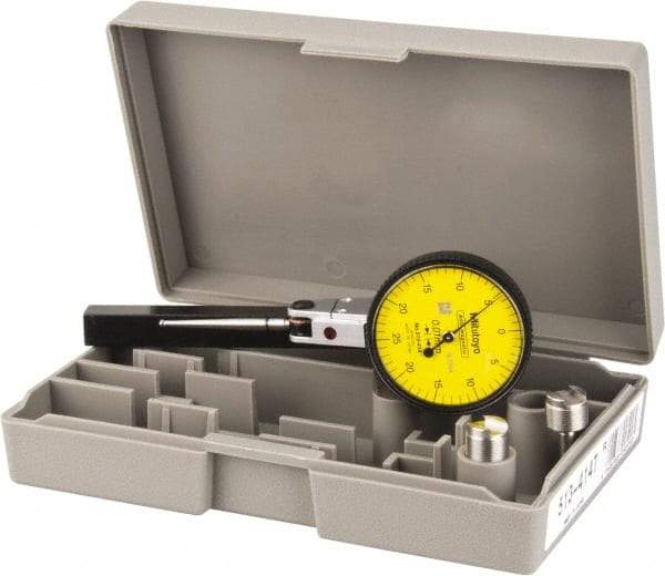 Mitutoyo - 1/2 mm Range, 0.01 mm Dial Graduation, Horizontal Dial Test Indicator - 1.5748 Inch Yellow Dial, 0-25-0 Dial Reading, Accurate to 0.01 Inch - Caliber Tooling