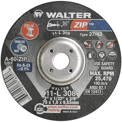 WALTER Surface Technologies - 60 Grit, 3" Wheel Diam, 1/32" Wheel Thickness, 3/8" Arbor Hole, Type 27 Depressed Center Wheel - Aluminum Oxide, Resinoid Bond, 25,470 Max RPM, Compatible with Die Grinders & Straight Shaft Grinder - Caliber Tooling