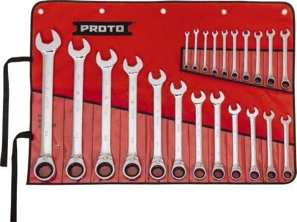 Proto - 22 Piece, 6mm to 36mm, 12 Point Reversible Ratcheting Combination Wrench Set - Metric Measurement Standard, Full Polish Chrome Finish, Comes in Tool Roll - Caliber Tooling