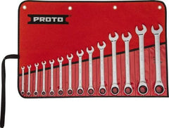 Proto - 14 Piece, 1/4" to 1", 12 Point Ratcheting Combination Wrench Set - Inch Measurement Standard, Full Polish Chrome Finish, Comes in Tool Roll - Caliber Tooling