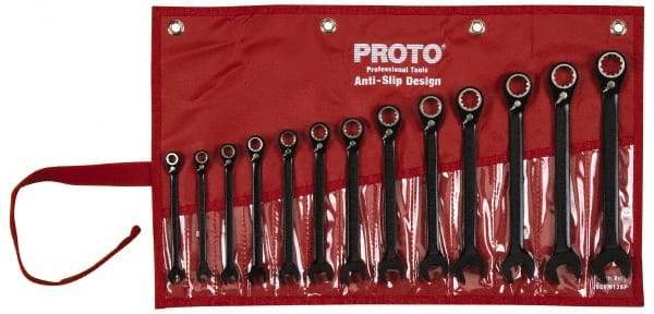 Proto - 13 Piece, 7mm to 19mm, 12 Point Short Ratcheting Reversible Combination Spline Wrench Set - Metric Measurement Standard, Black/Chrome Finish, Comes in Tool Roll - Caliber Tooling