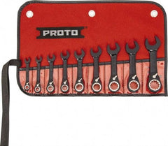 Proto - 9 Piece, 1/4" to 3/4", 12 Point Short Ratcheting Reversible Combination Spline Wrench Set - Inch Measurement Standard, Black/Chrome Finish, Comes in Tool Roll - Caliber Tooling