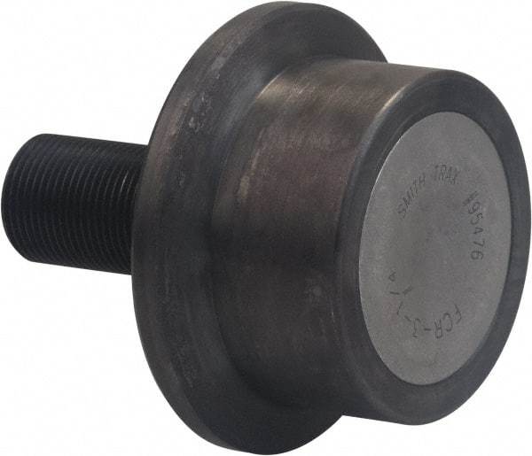 Accurate Bushing - 4-1/2" Roller Diam x 2" Width, 1-1/4" Stud Diam x 2-3/4" Length, Flanged Load Roller - Carbon Steel, 1-3/4" Thread Length, 1-1/4-12 Thread, 4-3/4" OAL, 14,300 Lb Dynamic Cap, 16,000 Lb Static Cap - Caliber Tooling