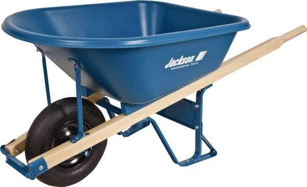 Jackson Professional Tools - 5.75 Cu Ft Capacity Wheelbarrow with 16" Pneumatic Wheel - Wood Handle, 59-1/4" Long x 29-1/2" Wide x 27-1/4" High, Blue - Caliber Tooling