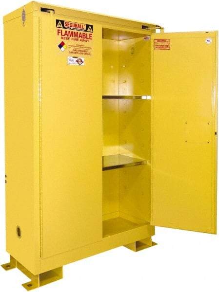 Securall Cabinets - 2 Door, 2 Shelf, Yellow Steel Standard Safety Cabinet for Flammable and Combustible Liquids - 71" High x 43" Wide x 18" Deep, Self Closing Door, 3 Point Key Lock, 45 Gal Capacity - Caliber Tooling