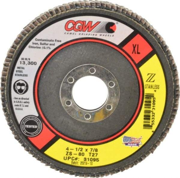 Camel Grinding Wheels - 80 Grit, 4-1/2" Disc Diam, 7/8" Center Hole, Type 27 Zirconia Alumina Flap Disc - 13,300 Max RPM, Polyester Backing, Arbor Attaching System, Coated - Caliber Tooling