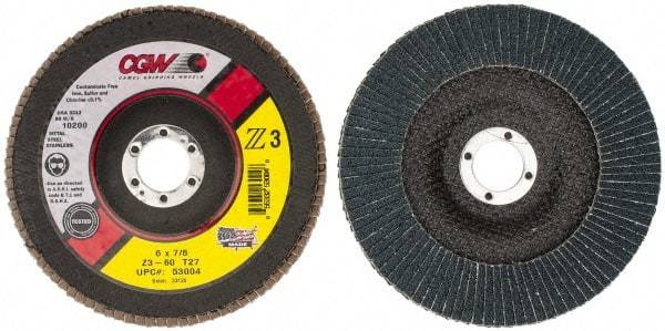 Camel Grinding Wheels - 60 Grit, 6" Disc Diam, 7/8" Center Hole, Type 27 Aluminum Oxide Flap Disc - 10,200 Max RPM, Poly Cotton Backing, Arbor Attaching System, Coated - Caliber Tooling