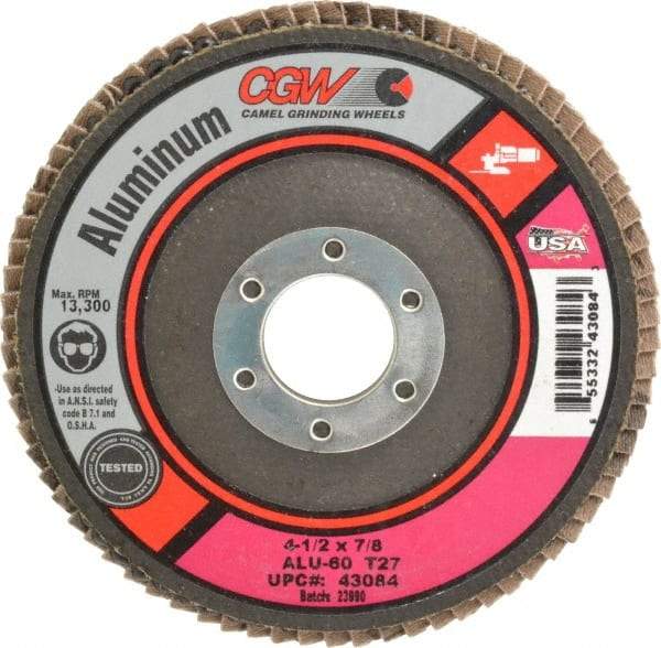 Camel Grinding Wheels - 60 Grit, 4-1/2" Disc Diam, 7/8" Center Hole, Type 27 Aluminum Oxide Flap Disc - 13,300 Max RPM, Polyester Backing, Arbor Attaching System, Coated - Caliber Tooling