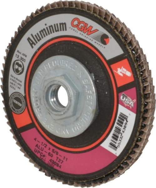 Camel Grinding Wheels - 60 Grit, 4-1/2" Disc Diam, 5/8-11 Center Hole, Type 27 Aluminum Oxide Flap Disc - 13,300 Max RPM, Polyester Backing, Arbor Attaching System, Coated - Caliber Tooling