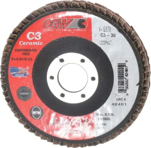 Camel Grinding Wheels - 36 Grit, 4-1/2" Disc Diam, 7/8" Center Hole, Ceramic Flap Disc - 13,300 Max RPM, Polyester Backing, Arbor Attaching System, Coated - Caliber Tooling