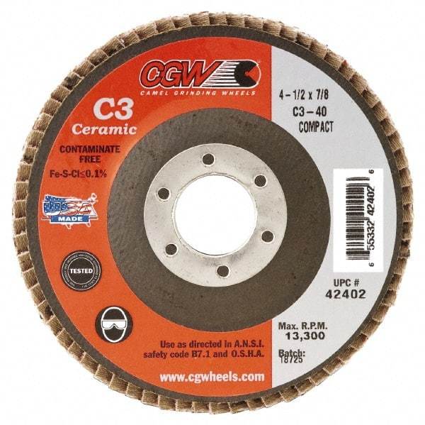 Camel Grinding Wheels - 60 Grit, 5" Disc Diam, 5/8-11 Center Hole, Ceramic Flap Disc - 12,200 Max RPM, Polyester Backing, Arbor Attaching System, Coated - Caliber Tooling