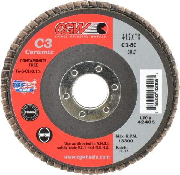 Camel Grinding Wheels - 80 Grit, 4-1/2" Disc Diam, 7/8" Center Hole, Ceramic Flap Disc - 13,300 Max RPM, Polyester Backing, Arbor Attaching System, Coated - Caliber Tooling