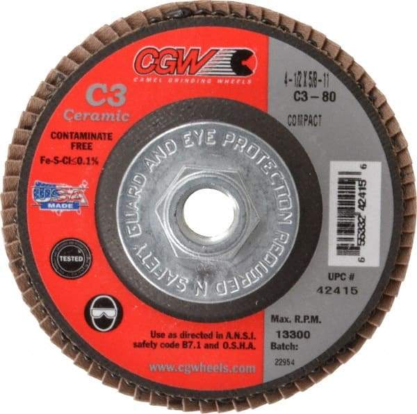 Camel Grinding Wheels - 80 Grit, 4-1/2" Disc Diam, 5/8-11 Center Hole, Ceramic Flap Disc - 13,300 Max RPM, Polyester Backing, Arbor Attaching System, Coated - Caliber Tooling