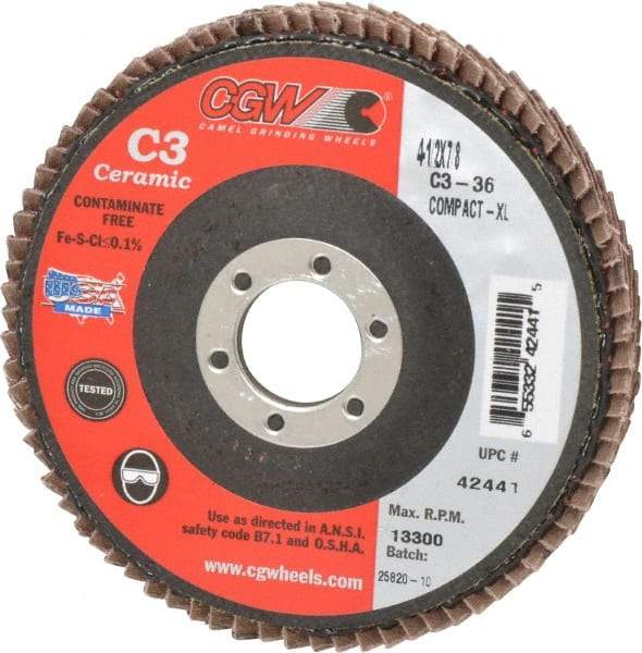 Camel Grinding Wheels - 36 Grit, 4-1/2" Disc Diam, 7/8" Center Hole, Ceramic Flap Disc - 13,300 Max RPM, Polyester Backing, Arbor Attaching System, Coated - Caliber Tooling