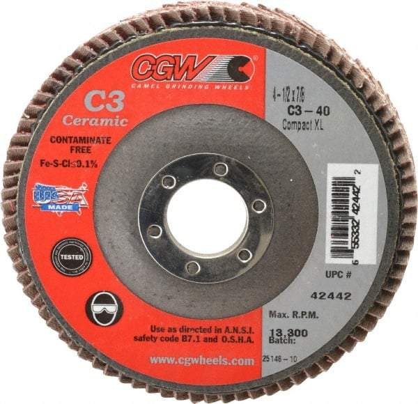 Camel Grinding Wheels - 40 Grit, 4-1/2" Disc Diam, 7/8" Center Hole, Ceramic Flap Disc - 13,300 Max RPM, Polyester Backing, Arbor Attaching System, Coated - Caliber Tooling