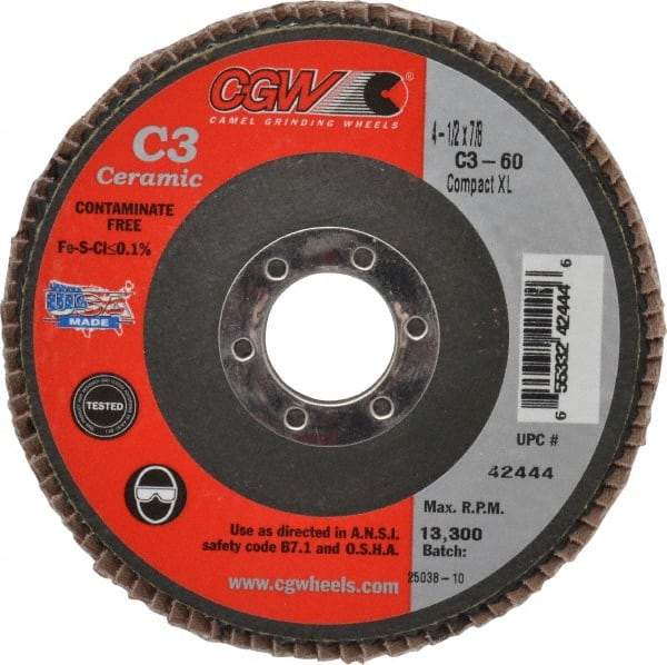 Camel Grinding Wheels - 60 Grit, 4-1/2" Disc Diam, 7/8" Center Hole, Ceramic Flap Disc - 13,300 Max RPM, Polyester Backing, Arbor Attaching System, Coated - Caliber Tooling