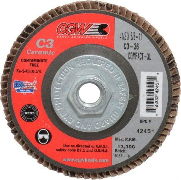 Camel Grinding Wheels - 36 Grit, 4-1/2" Disc Diam, 5/8-11 Center Hole, Ceramic Flap Disc - 13,300 Max RPM, Polyester Backing, Arbor Attaching System, Coated - Caliber Tooling