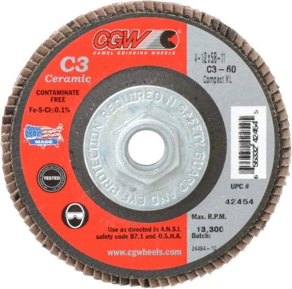 Camel Grinding Wheels - 60 Grit, 4-1/2" Disc Diam, 5/8-11 Center Hole, Ceramic Flap Disc - 13,300 Max RPM, Polyester Backing, Arbor Attaching System, Coated - Caliber Tooling