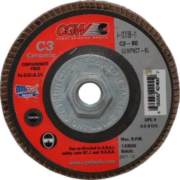 Camel Grinding Wheels - 80 Grit, 4-1/2" Disc Diam, 5/8-11 Center Hole, Ceramic Flap Disc - 13,300 Max RPM, Polyester Backing, Arbor Attaching System, Coated - Caliber Tooling