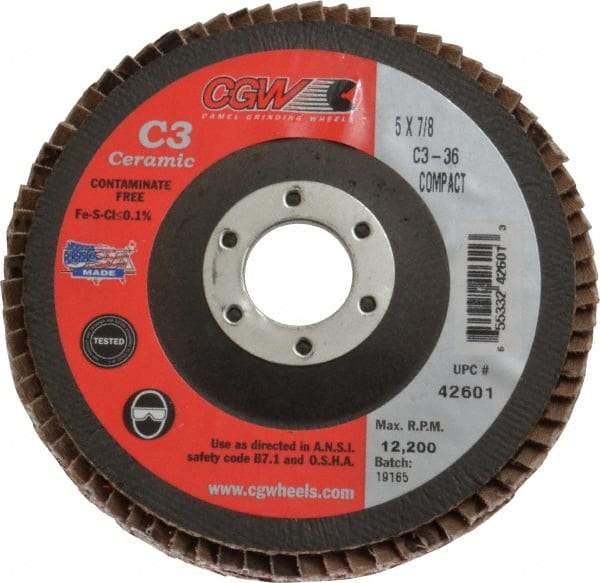 Camel Grinding Wheels - 36 Grit, 5" Disc Diam, 7/8" Center Hole, Ceramic Flap Disc - 12,200 Max RPM, Polyester Backing, Arbor Attaching System, Coated - Caliber Tooling