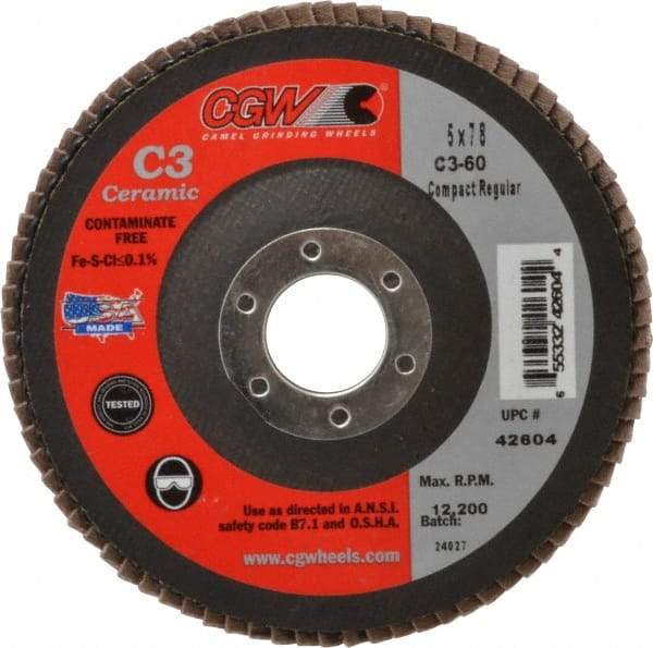 Camel Grinding Wheels - 60 Grit, 5" Disc Diam, 7/8" Center Hole, Ceramic Flap Disc - 12,200 Max RPM, Polyester Backing, Arbor Attaching System, Coated - Caliber Tooling