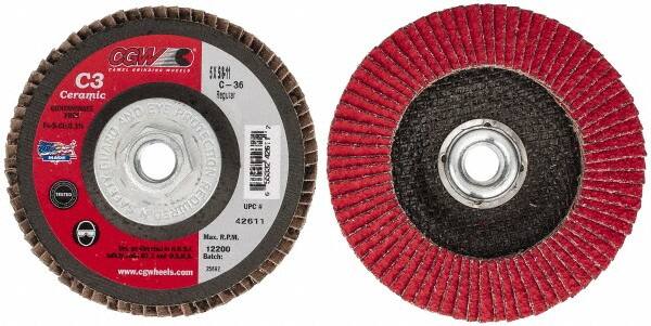 Camel Grinding Wheels - 36 Grit, 5" Disc Diam, 5/8-11 Center Hole, Ceramic Flap Disc - 12,200 Max RPM, Polyester Backing, Arbor Attaching System, Coated - Caliber Tooling