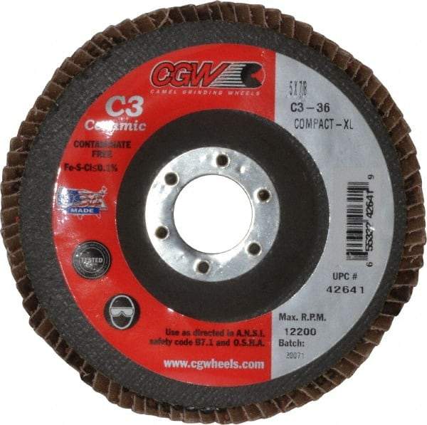 Camel Grinding Wheels - 36 Grit, 5" Disc Diam, 7/8" Center Hole, Ceramic Flap Disc - 12,200 Max RPM, Polyester Backing, Arbor Attaching System, Coated - Caliber Tooling