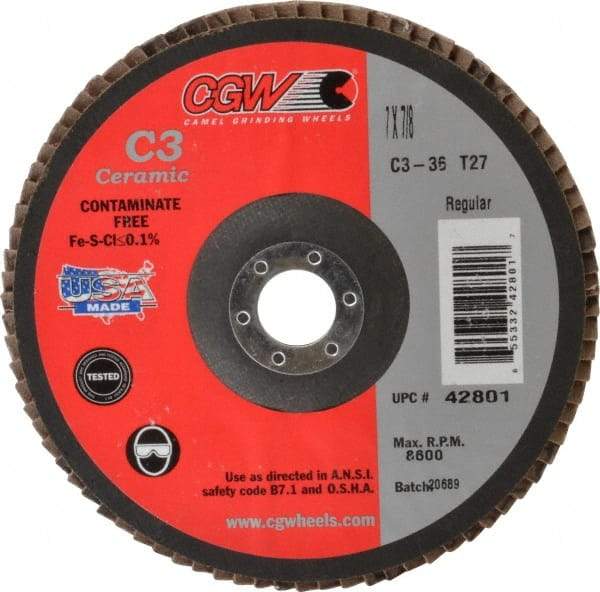 Camel Grinding Wheels - 36 Grit, 7" Disc Diam, 7/8" Center Hole, Type 27 Ceramic Flap Disc - 8,600 Max RPM, Polyester Backing, Arbor Attaching System, Coated - Caliber Tooling