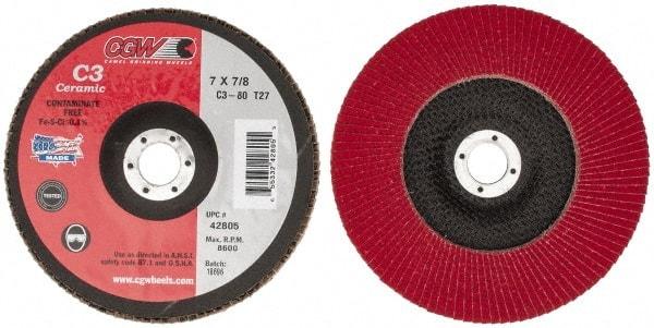 Camel Grinding Wheels - 80 Grit, 7" Disc Diam, 7/8" Center Hole, Type 27 Ceramic Flap Disc - 8,600 Max RPM, Polyester Backing, Arbor Attaching System, Coated - Caliber Tooling