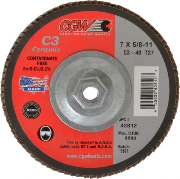 Camel Grinding Wheels - 40 Grit, 7" Disc Diam, 5/8-11 Center Hole, Type 27 Ceramic Flap Disc - 8,600 Max RPM, Polyester Backing, Arbor Attaching System, Coated - Caliber Tooling