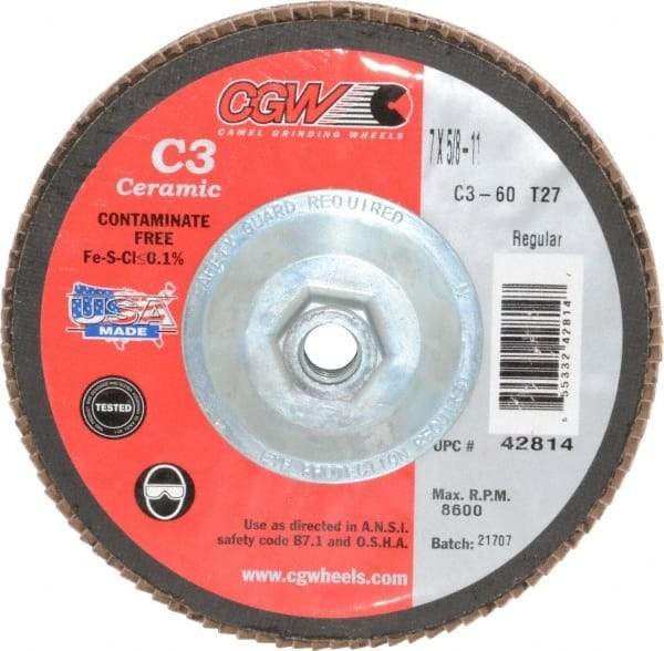 Camel Grinding Wheels - 60 Grit, 7" Disc Diam, 5/8-11 Center Hole, Type 27 Ceramic Flap Disc - 8,600 Max RPM, Polyester Backing, Arbor Attaching System, Coated - Caliber Tooling