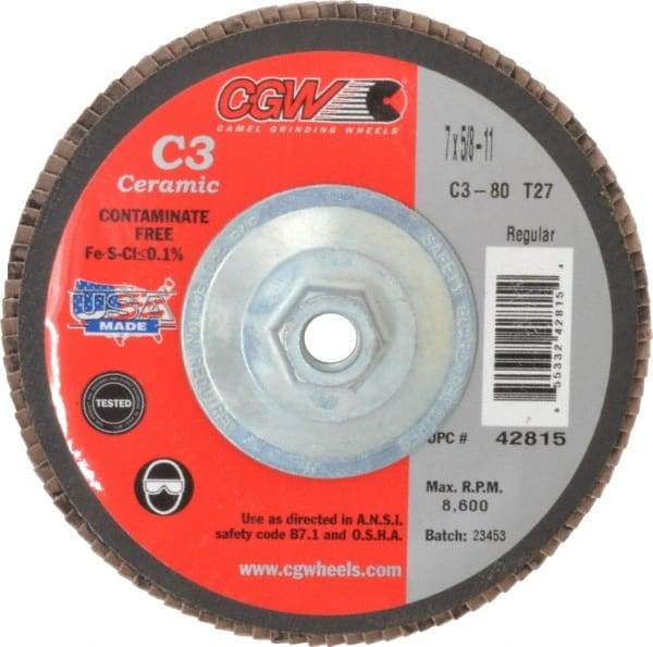 Camel Grinding Wheels - 80 Grit, 7" Disc Diam, 5/8-11 Center Hole, Type 27 Ceramic Flap Disc - 8,600 Max RPM, Polyester Backing, Arbor Attaching System, Coated - Caliber Tooling