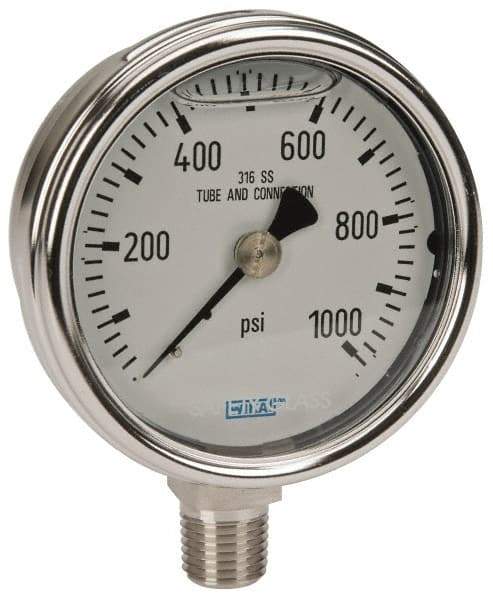 Wika - 2-1/2" Dial, 1/4 Thread, 0-1,000 Scale Range, Pressure Gauge - Lower Connection Mount, Accurate to 2-1-2% of Scale - Caliber Tooling