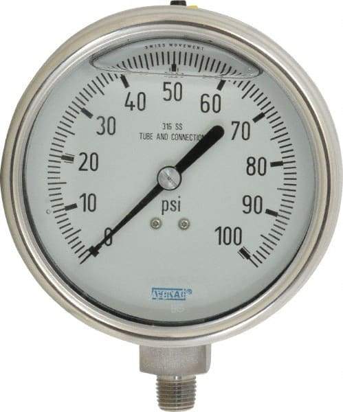 Wika - 4" Dial, 1/4 Thread, 0-100 Scale Range, Pressure Gauge - Lower Connection Mount, Accurate to 1% of Scale - Caliber Tooling