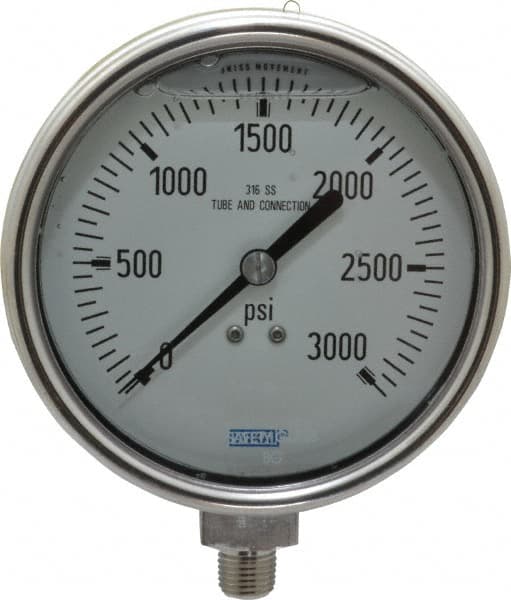 Wika - 4" Dial, 1/4 Thread, 0-3,000 Scale Range, Pressure Gauge - Lower Connection Mount, Accurate to 1% of Scale - Caliber Tooling