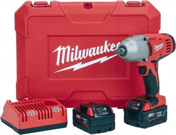 Milwaukee Tool - 1/2" Drive 18 Volt Pistol Grip Cordless Impact Wrench & Ratchet - 0 to 1,900 RPM, 0 to 2,200 BPM, 450 Ft/Lb Torque, 2 Lithium-Ion Batteries Included - Caliber Tooling