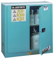 Justrite - 2 Door, 1 Shelf, Blue Steel Standard Safety Cabinet for Corrosive Chemicals - 44" High x 43" Wide x 18" Deep, Manual Closing Door, 3 Point Key Lock, 30 Gal Capacity - Caliber Tooling