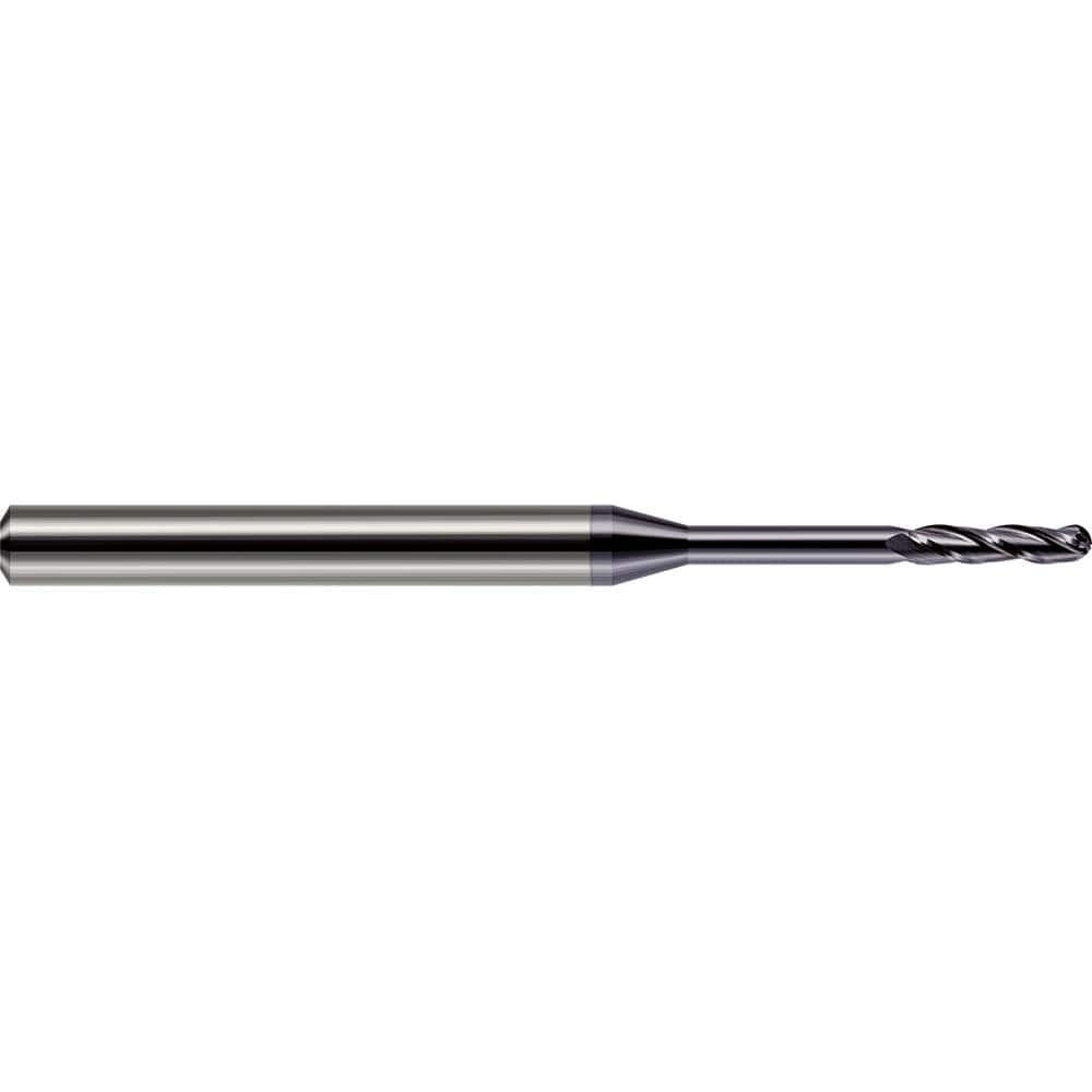 Ball End Mill: 0.25″ Dia, 1.5″ LOC, 3 Flute, Solid Carbide 4″ OAL, 1/4″ Shank Dia, 30 ° Helix, AlTiN Coated, Single End